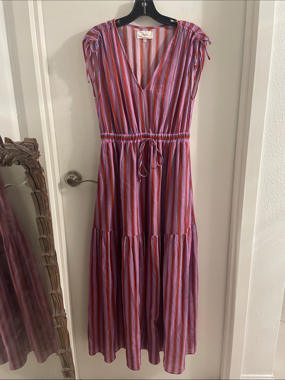 Xirena XS Cecily Berry Cotton Striped Drawstring Waist Tiered Maxi
Dress